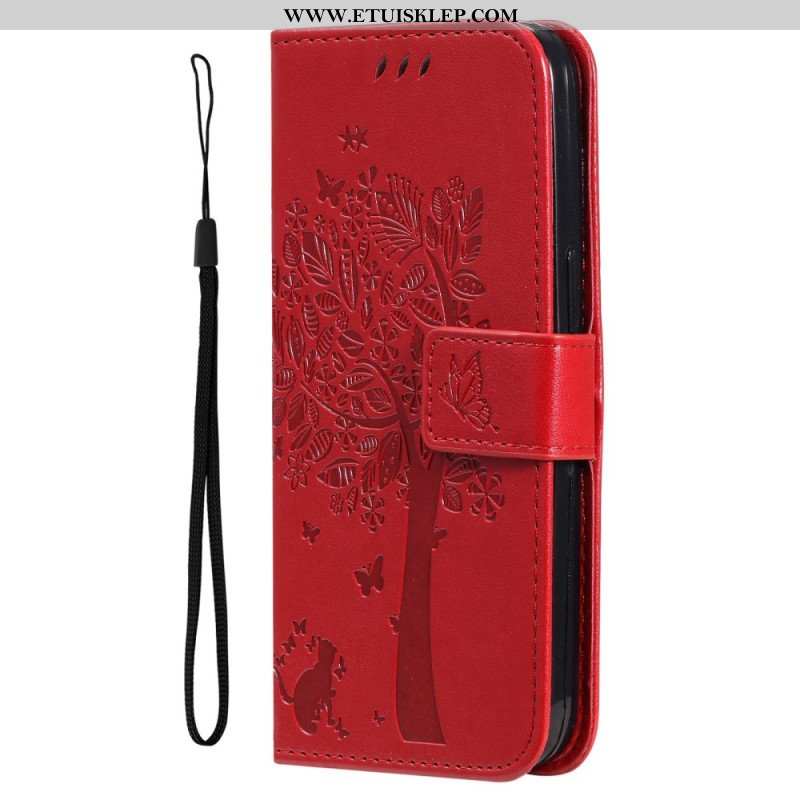 Etui Folio do Honor Magic 5 Lite z Łańcuch Drzewo I Pasiasty Kot